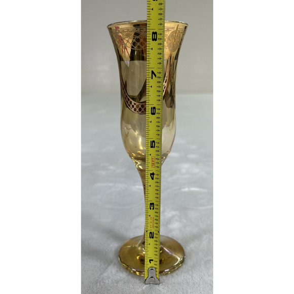 Amber Iridescent 8.25” Glass Flutes with Gold Patterned Overlay Heavy Charity - Picture 7 of 9